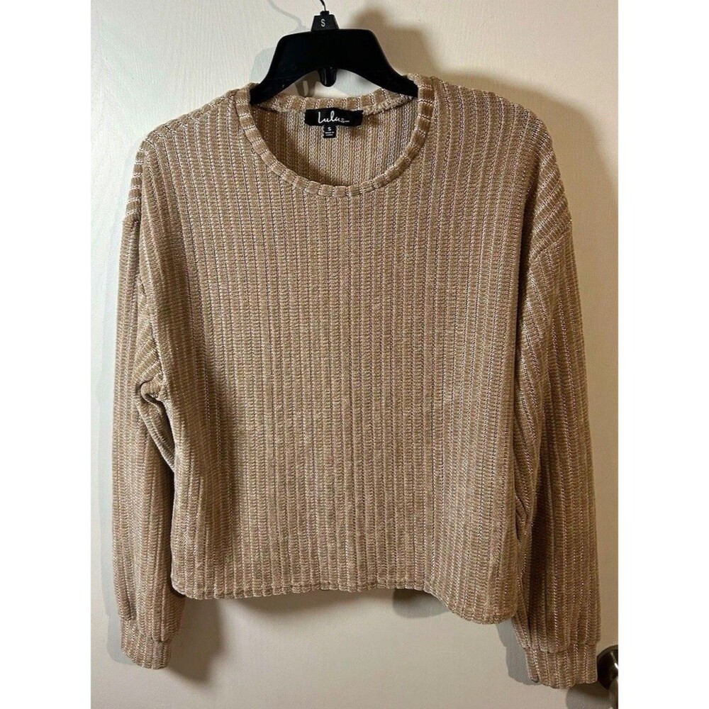 Lulus Beige/Silver Metallic S Rib-Knit Crewneck Long Sleeve Sweater Womens
